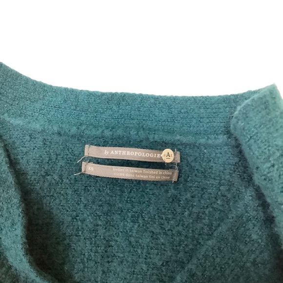 Anthropologie Alpaca and Wool Blend Sweater Sz XS Joy Fringed V-neck Teal Green - Picture 5 of 12